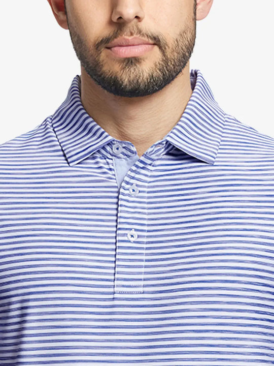 Close-up from nose to chest showing BLUE WHITE Unique Watercolour Stripe Polo’s fluid stripe pattern