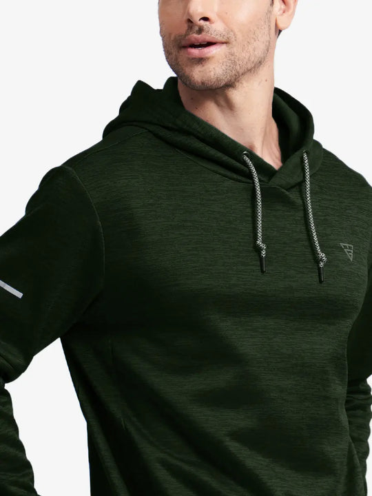 Close-up front view from nose to chest showing Soft Heather Hoodies Pullover in Dark Green Heather