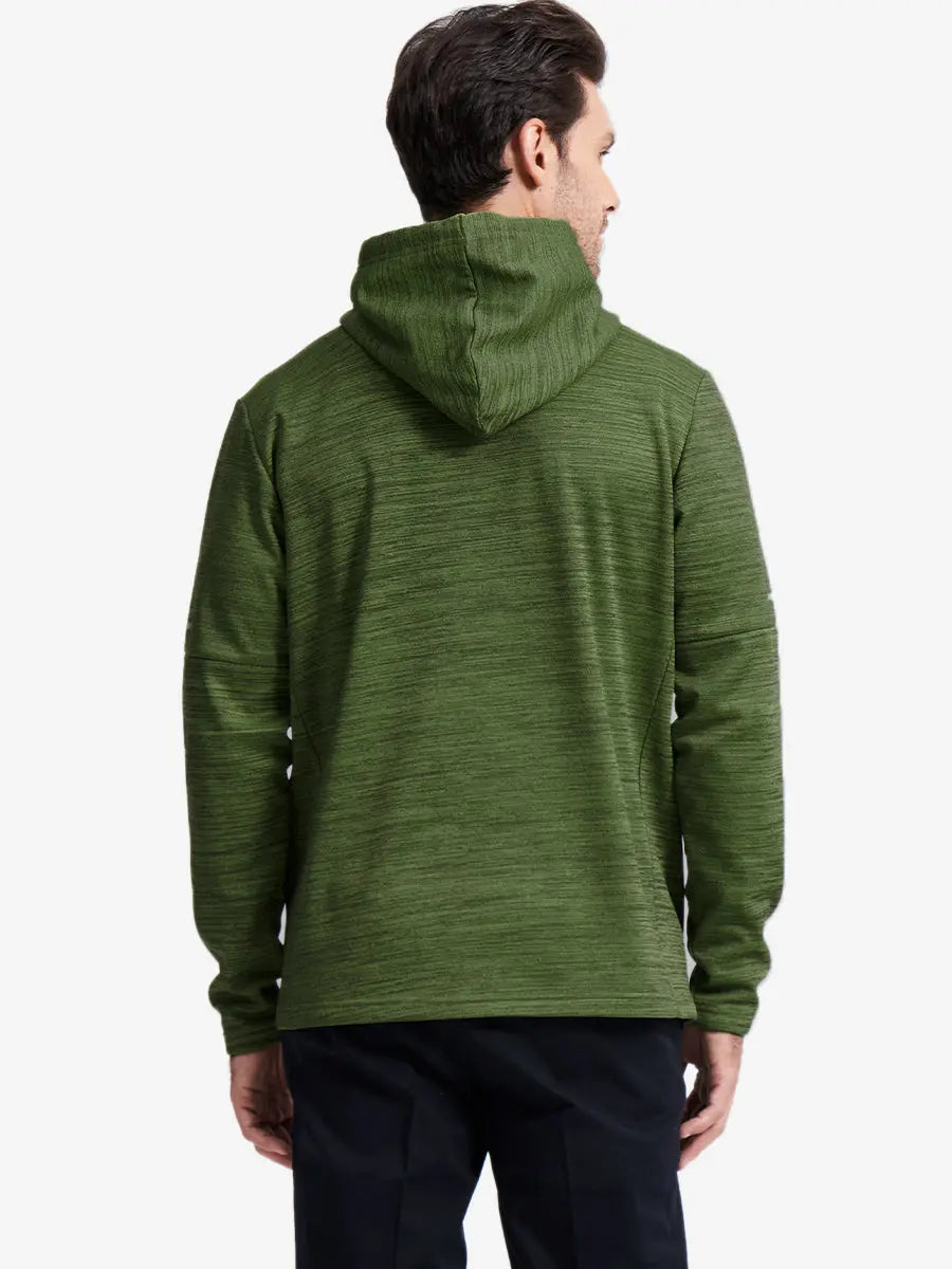 Front half-body pose showing relaxed fit of Lemon Green Heather hoodie pullover