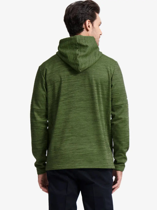 Front half-body pose showing relaxed fit of Lemon Green Heather hoodie pullover