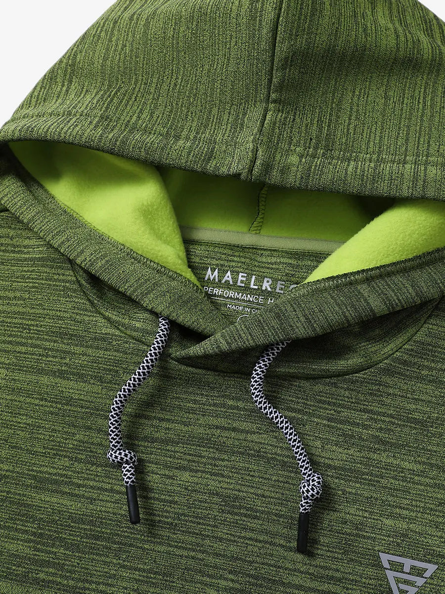 Detail of hood and drawstring design on Lemon Green Heather Soft Heather Hoodie