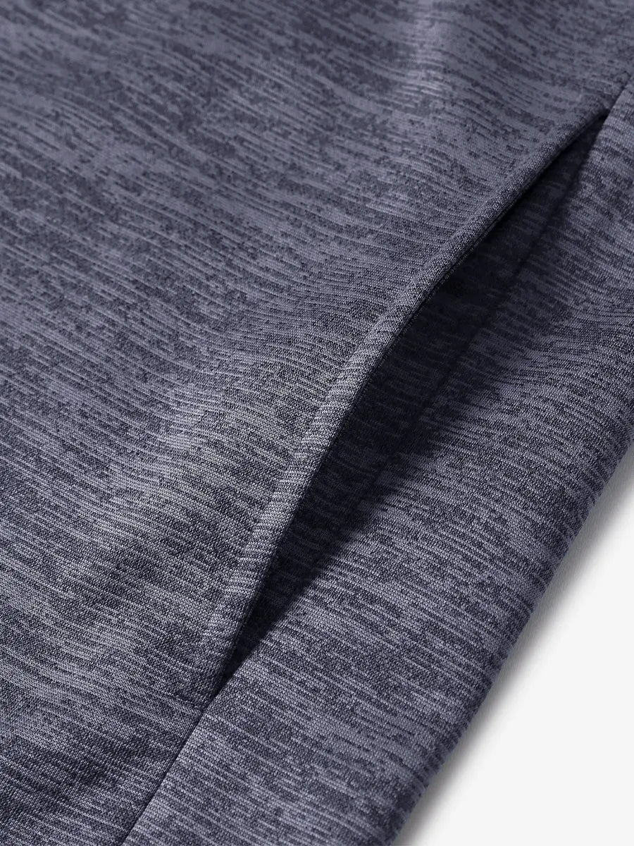 Close-up of right pocket showing fleece fabric and stitching on Navy Heather pullover