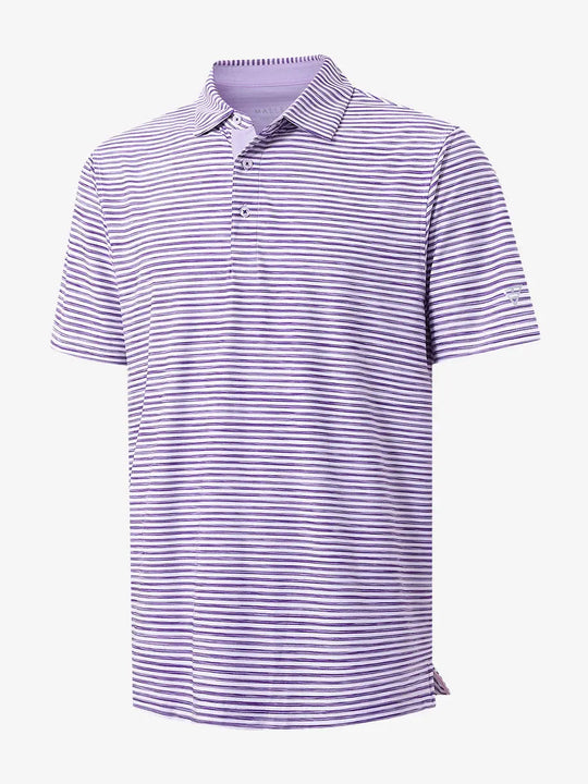 3D render of PURPLE WHITE polo showcasing fluid purple strokes against a clean white base
