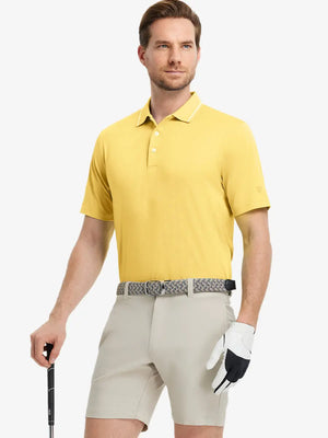 Model wearing Modern Texture Stylish Polo in YELLOW, front half-body view holding golf club.