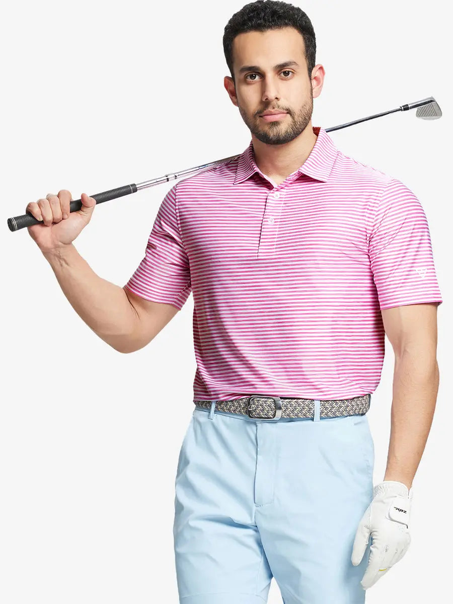 Front half-body with golf club wearing ROSE WHITE Unique Watercolour Stripe Polo