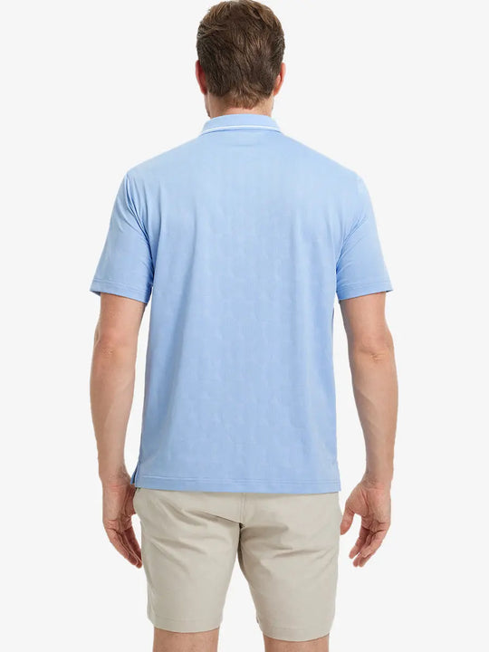 Back half-body view of Modern Texture Stylish Polo in MISTY BLUE worn by model.
