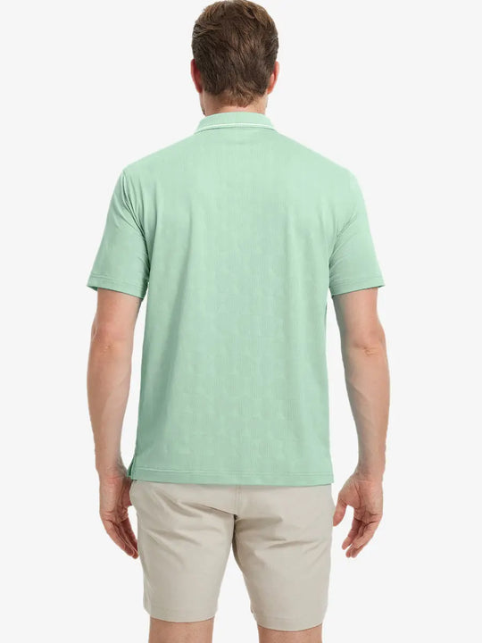 Back half-body view of Modern Texture Stylish Polo in BERYL GREEN worn by model.