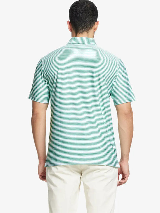 Back half-body view showing graceful stripes on GREEN WHITE Unique Watercolour Stripe Polo