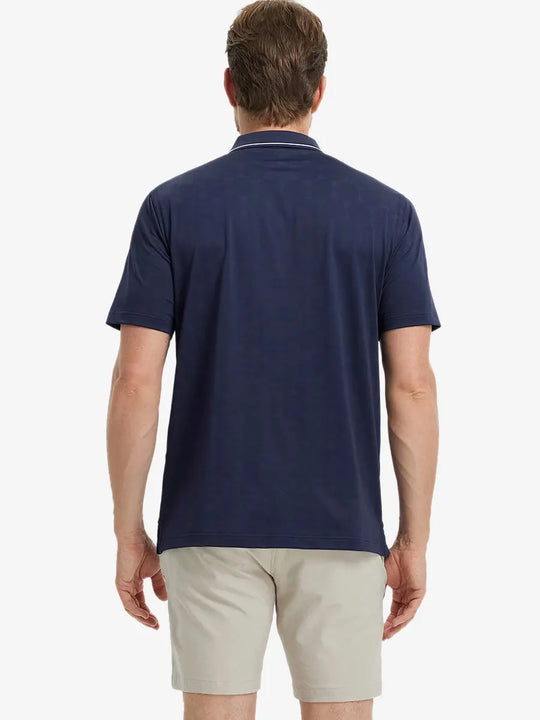 Back half-body view of Modern Texture Stylish Polo in NAVY worn by model.