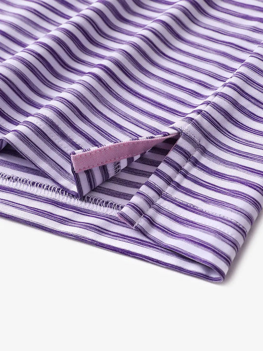 Hem slit detail on PURPLE WHITE polo, emphasizing the painterly stripe style and fine tailoring