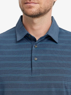 DARK BLUE STRIPE Classic Heather Stripe Polo front view from nose to chest of model