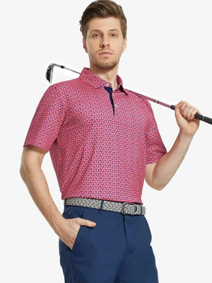 MAELREG Men's Performance Jersey Print Polo in Rose Flower – front half-body with golf pose