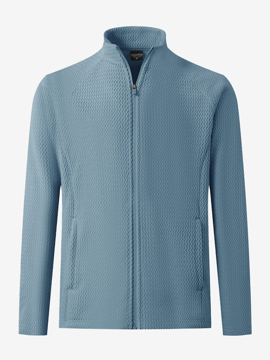 3D front view of soft winter fleece jackets in misty blue, showing cozy texture and clean design.