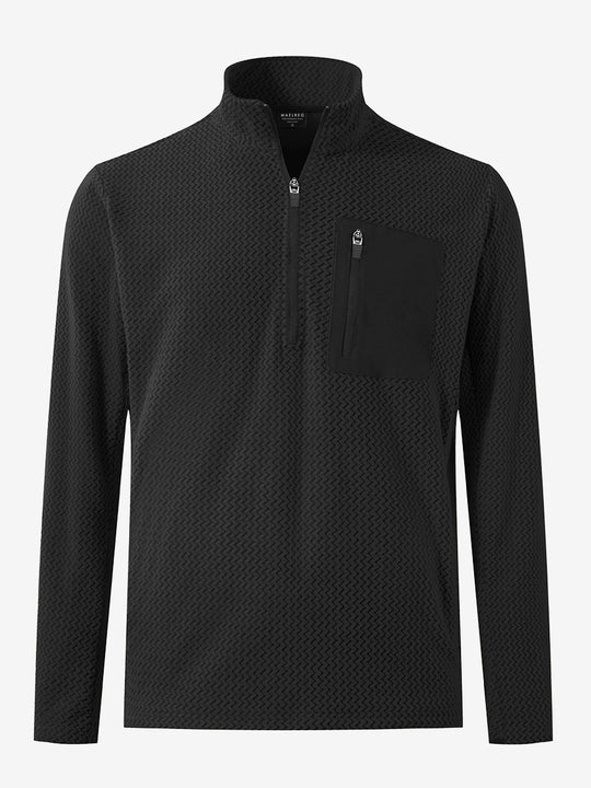 3D front view of midweight warm stretchy quarter zip pullover in black, simple and sleek look.