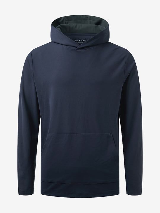 3D front view of youth long sleeve hoodied with kangaroo pocket in navy, showing clean design.