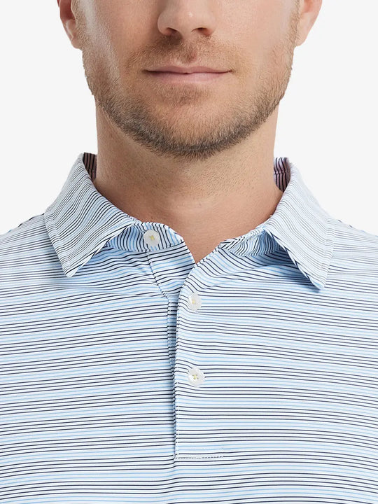 Navy Blue Stripe Performance Stripe Golf Shirt – close-up front from model’s nose to chest