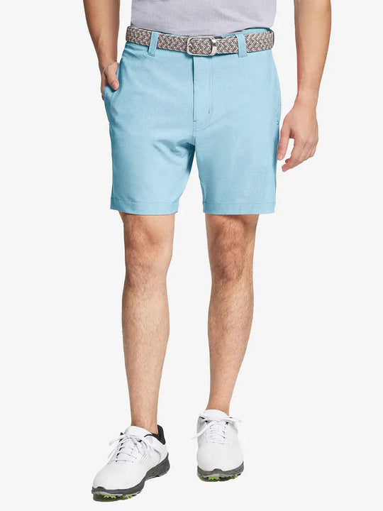 SKY BLUE 7 Inch Heather Performance Golf Shorts with front view, model's lower body and side pockets visible