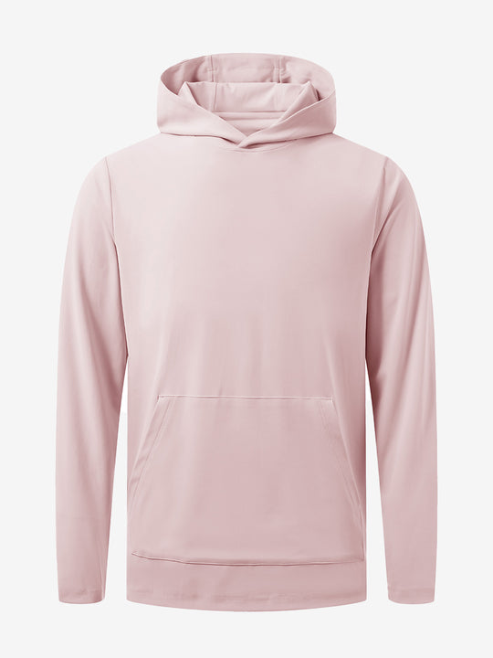 3D front view of youth long sleeve hoodied with kangaroo pocket in light pink, showing clean design.