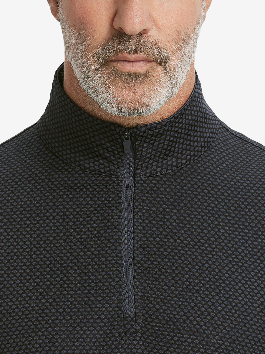 Close-up of collar area on jacquard quarter zip pullover in dark grey/black, highlighting refined jacquard detail.