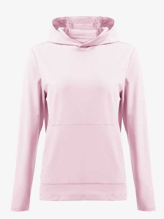 3D front view of women's lightweight hoodies pullover in pale pink, showing clean and sporty look.