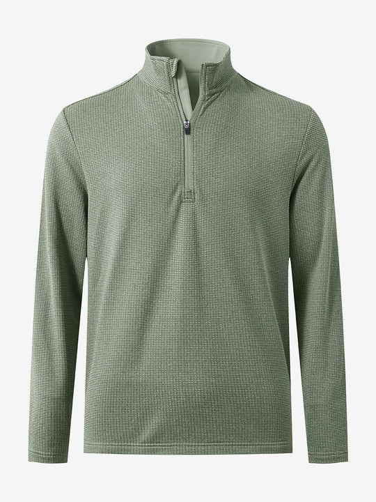 Front 3D view of casual fleece lined quarter zip pullover in green, showing clean athletic fit.