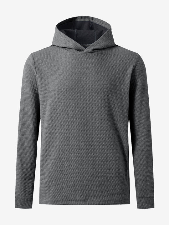 3D front image of texture solid hoodies pullover highlighting simple design and smooth fabric, grey heather.