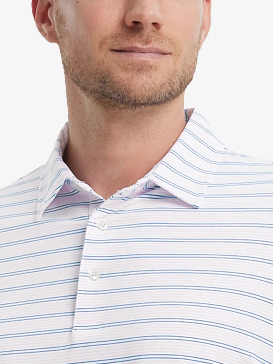 Light Pink Cobalt Stripe Performance Stripe Golf Shirt – close-up front from model’s nose to chest