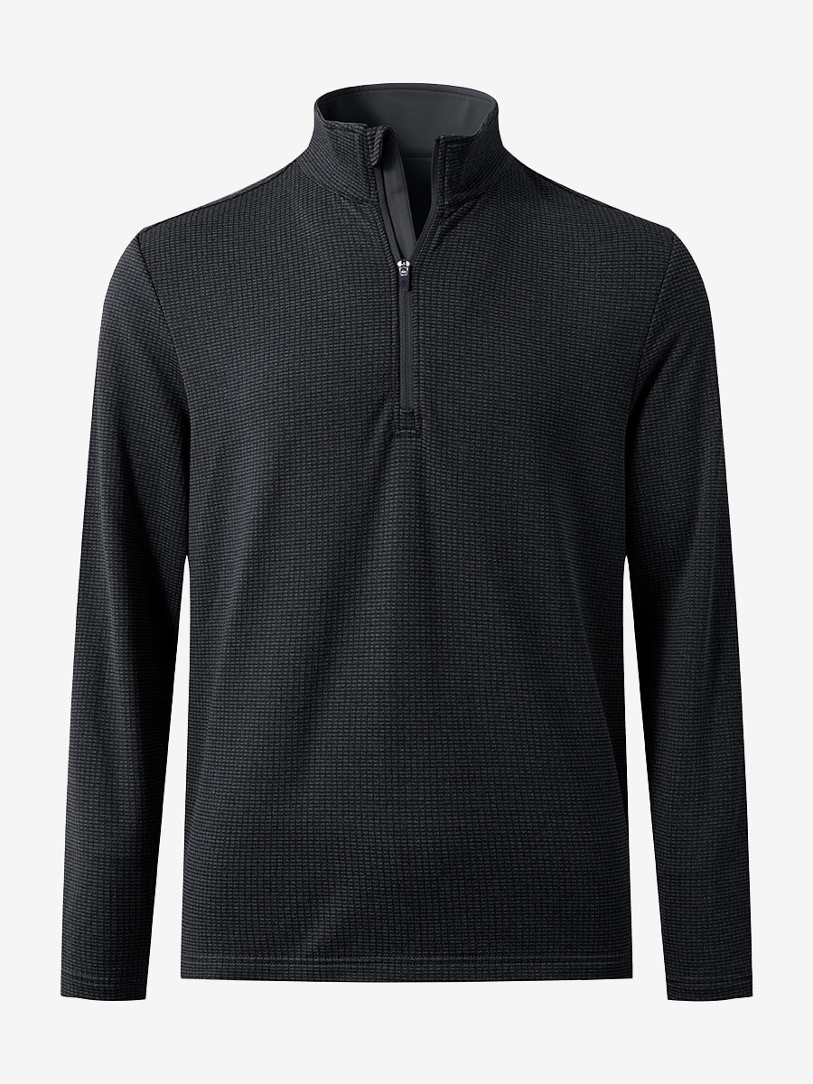 Front 3D view of casual fleece lined quarter zip pullover in black, showing clean athletic fit.
