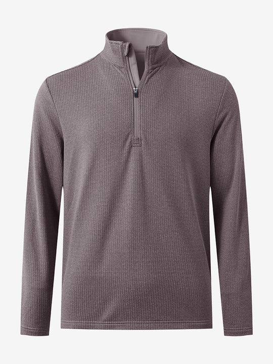 Front 3D view of casual fleece lined quarter zip pullover in drak red, showing clean athletic fit.