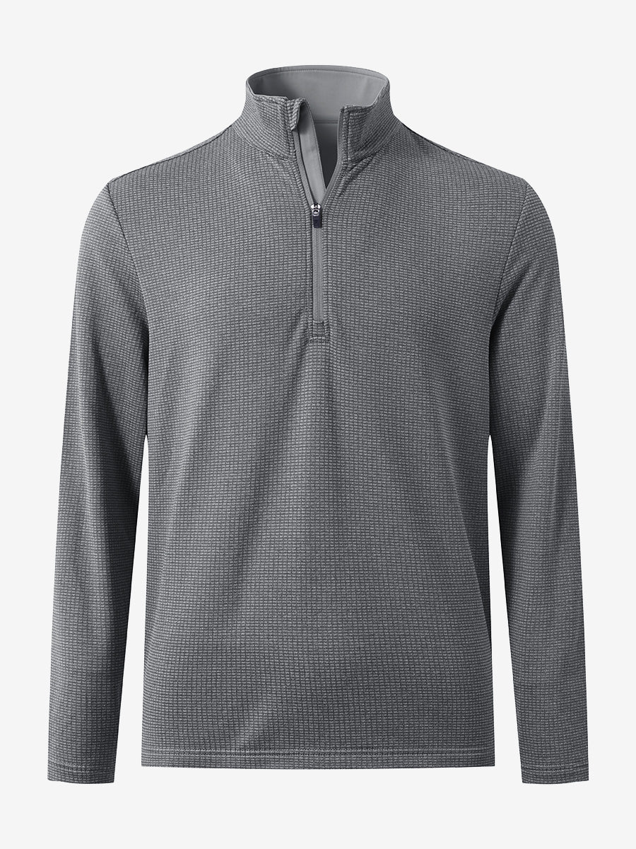 Front 3D view of casual fleece lined quarter zip pullover in grey, showing clean athletic fit.
