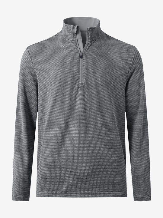 Front 3D view of casual fleece lined quarter zip pullover in grey, showing clean athletic fit.