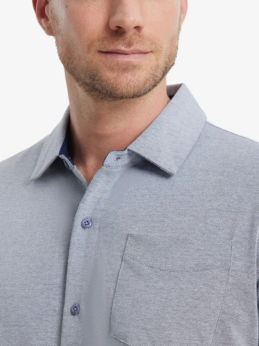 Model front view from nose to chest wearing DARK BLUE HEATHER Cotton Blend Plain Shirt.