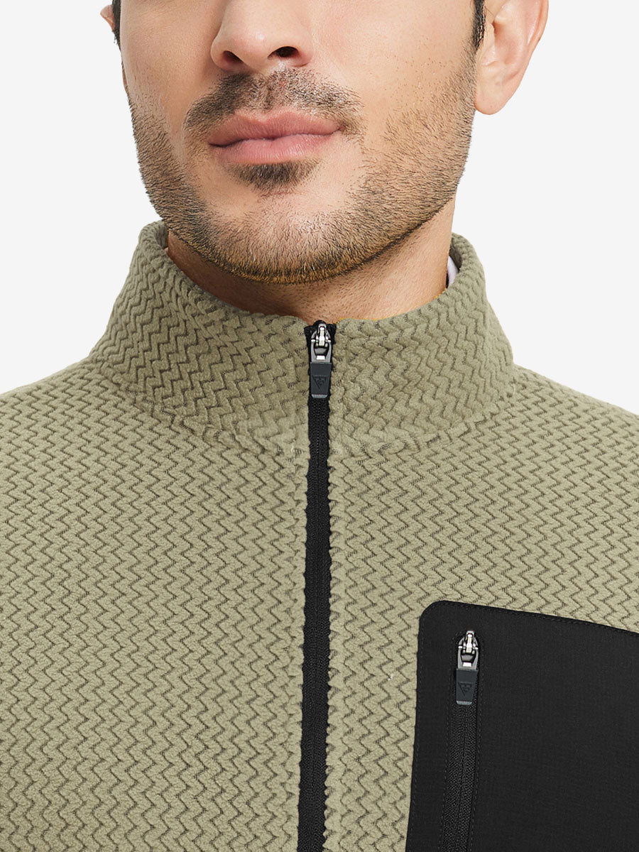 Close-up from nose to chest, showing collar detail of midweight warm stretchy quarter zip pullover in desert yellow.