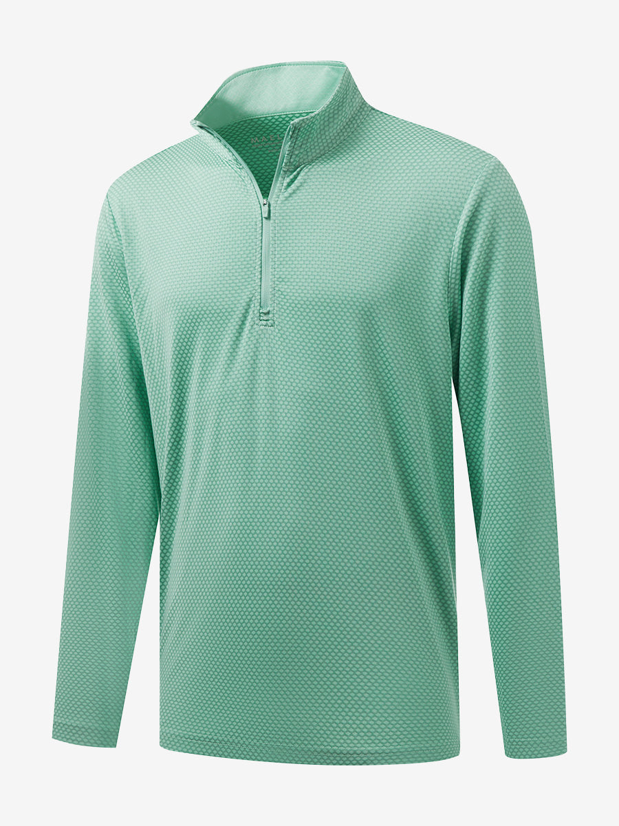 Front 3D view of jacquard quarter zip pullover in light green, showing its textured fabric design.