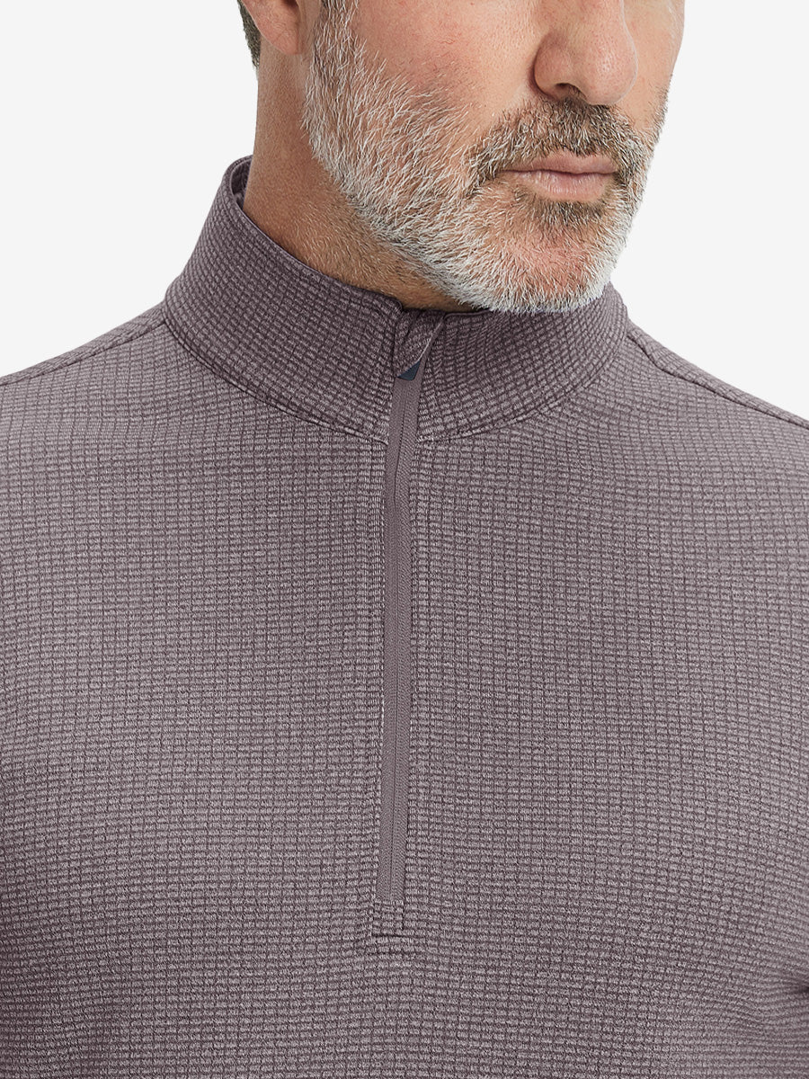 Close-up of collar and fleece lining on casual fleece lined quarter zip pullover in drak red.