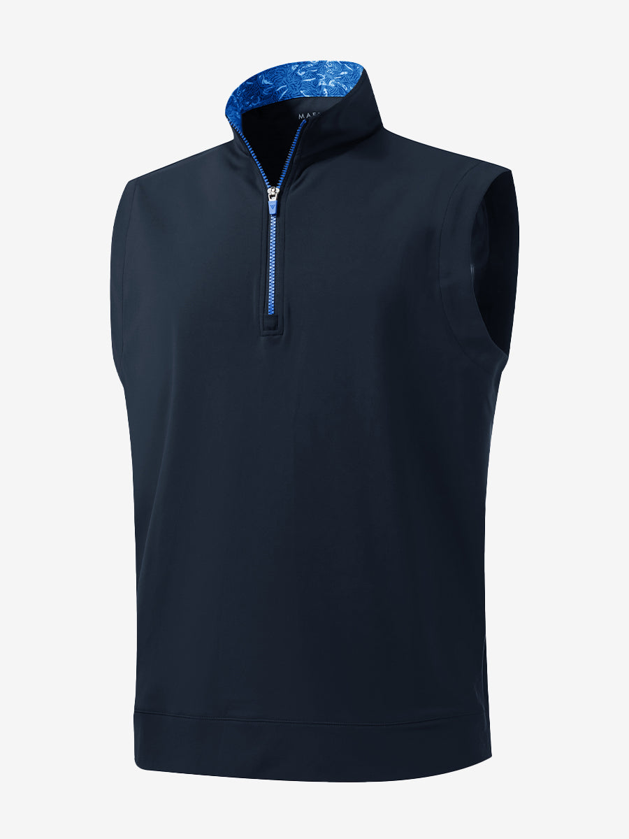 3D front view of the print collar quarter zip golf vest in navy, sleek and sporty design.