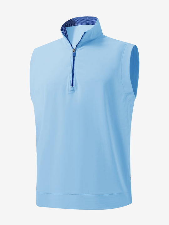3D front view of the print collar quarter zip golf vest in light blue, sleek and sporty design.