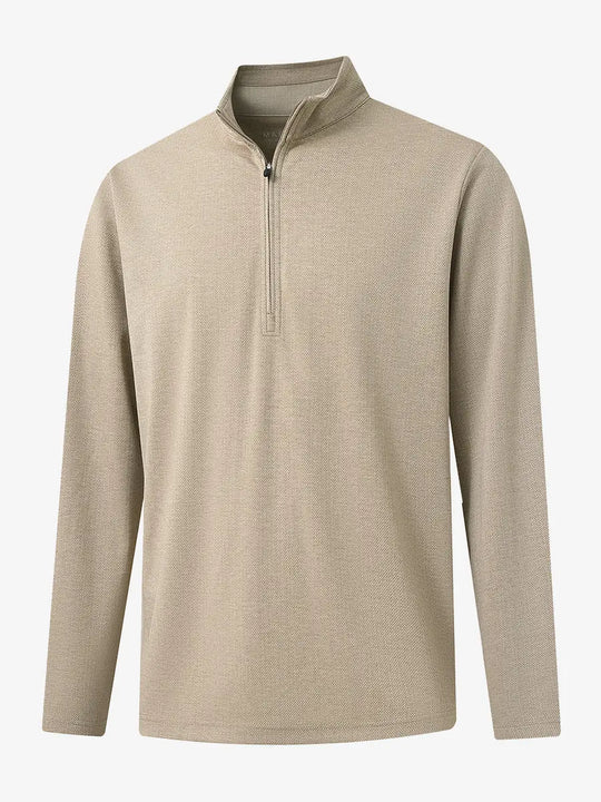 3D view of DARK KHAKI HERRINGBONE Premium Jacquard Quarter Zip Pullover showcasing texture and fit.								
