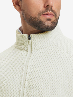Close-up from nose to chest, highlighting collar detail of soft winter fleece jackets in beige.