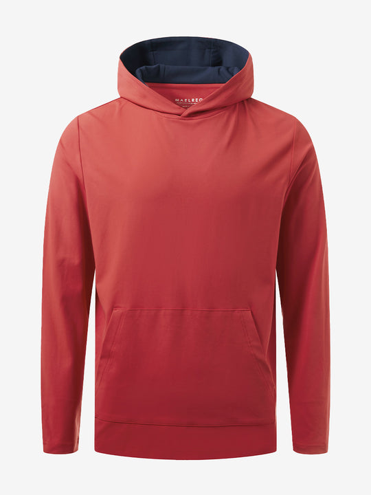 3D front view of the dry fit stretchy sweatshirts hoodie in red, sleek and flexible design.