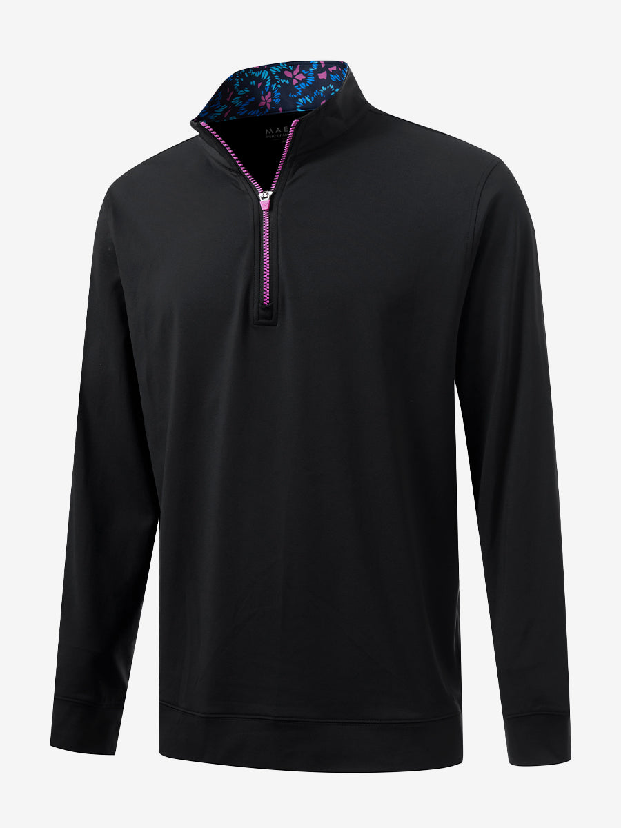 3D front view of the lightweight golf quarter zip pullover in black, clean and athletic design.