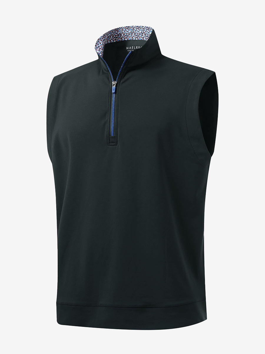 3D front view of the print collar quarter zip golf vest in dark grey, sleek and sporty design.