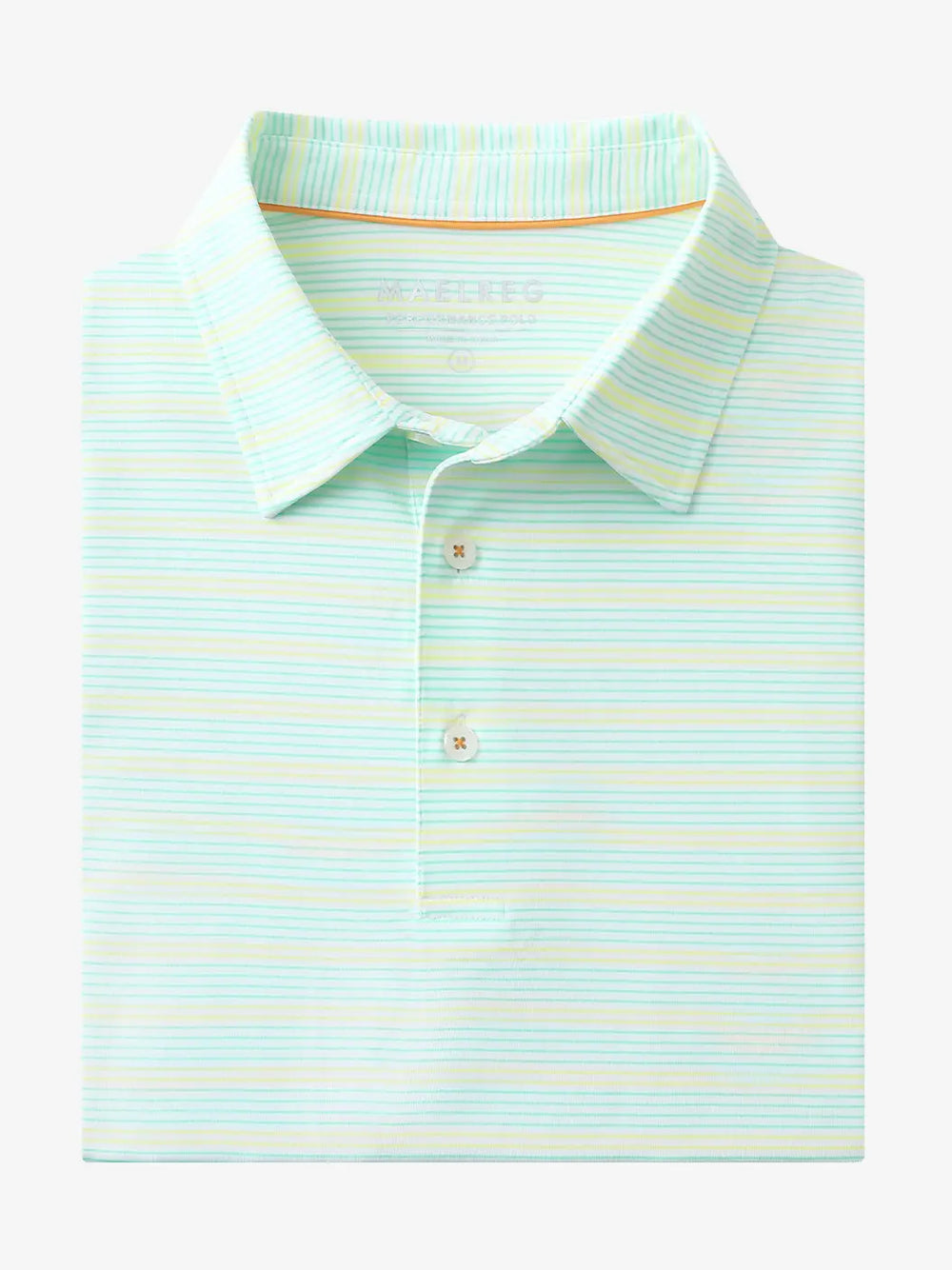 Folded Aqua Blue Yellow Stripe Performance Stripe Golf Shirt shown flat