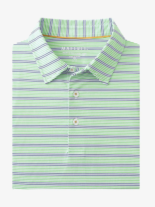 Folded Khaki Neutral Grey Stripe Performance Stripe Golf Shirt shown flat