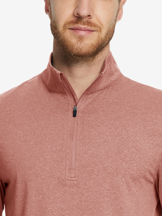Model front half-body view pulling zipper slightly on quarter zip melange pullover brick melange.
