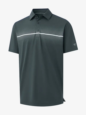 3D view of DARK GREY Stylish Chest Print Snap Polo showing design and fit