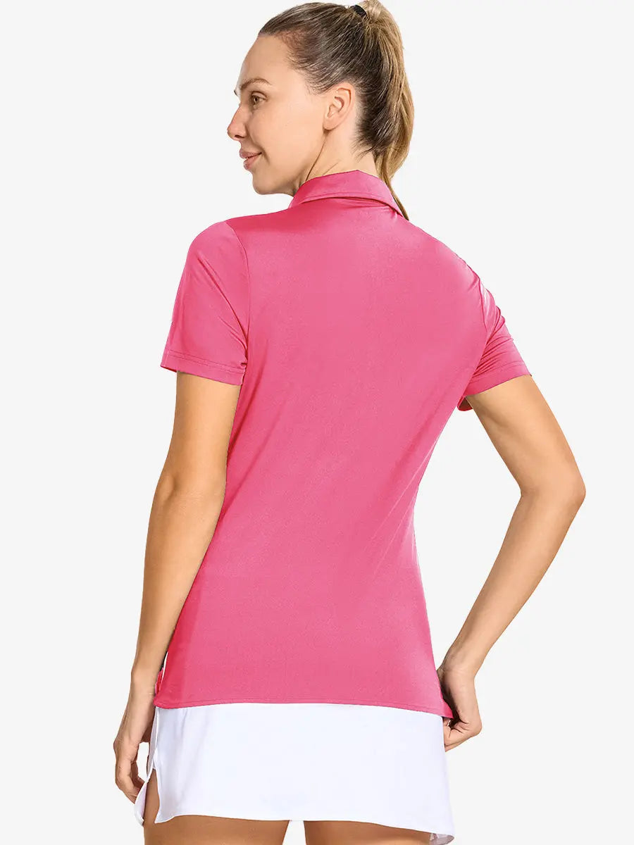 Back-side half-body shot of model in ROSE Women's Performance Solid Polo, looking over shoulder