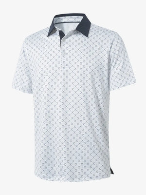 3D view of WHITE NAV CLUE Performance Quick Dry Print Golf Polo showing texture and fit.