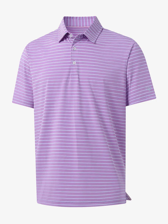3D product view of LILAC/LIGHT BLUE STRIPE Youth Performance Golf Polo showing design and fit.