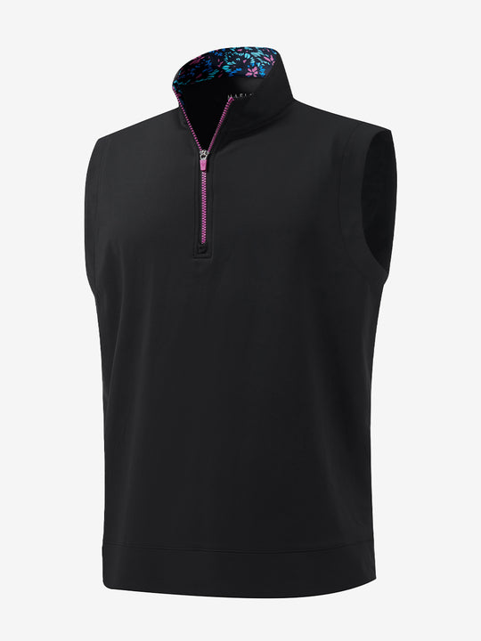 3D front view of the print collar quarter zip golf vest in black, sleek and sporty design.